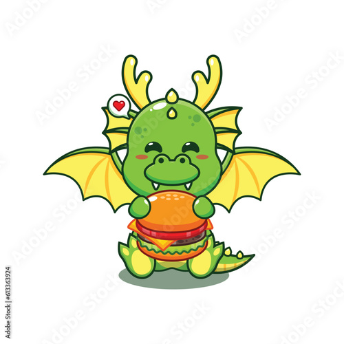 dragon with burger cartoon vector illustration.