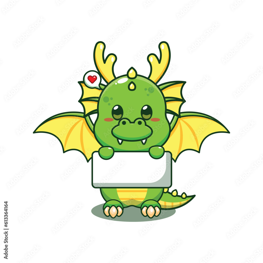 dragon holding greeting banner cartoon vector illustration. Stock