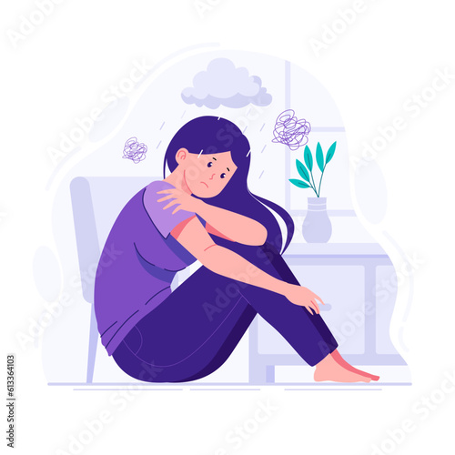 A sad and brooding woman flat illustration
