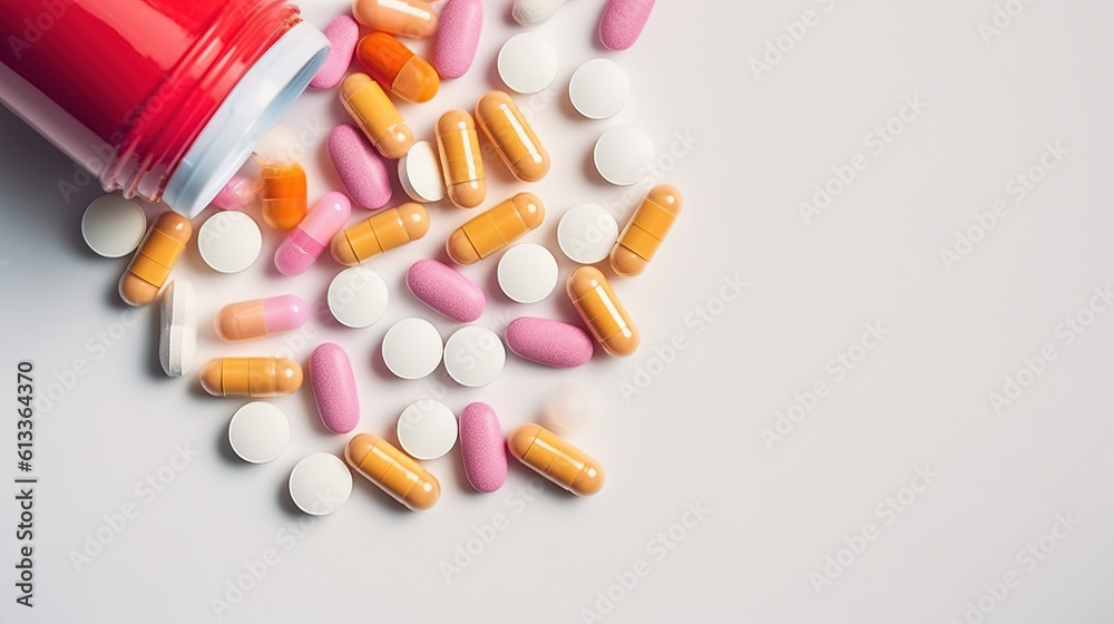 Variety of pills, capsules, Pharmaceutical drugs. Generative Ai Variety of pills, capsules, Pharmaceutical drugs. Generative Ai