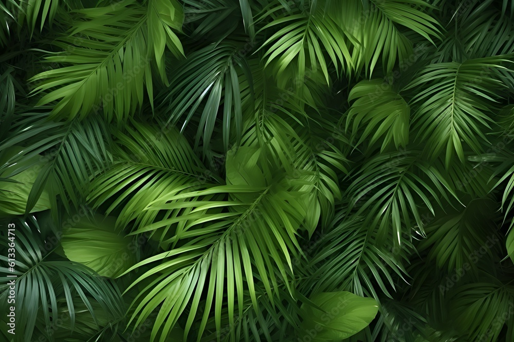 Tropical jungle nature green palm leaves on dark background in a garden
