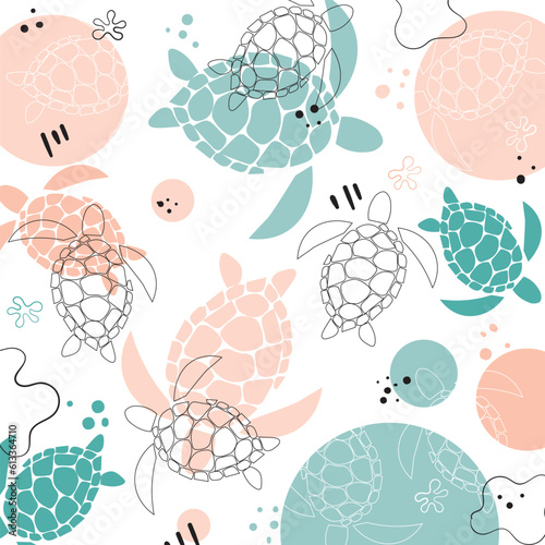 Vector seamless pattern with colorful turtles. Underwater sea pattern. Sea turtles. Vector seamless pattern with marine animals. Scandinavian motives.