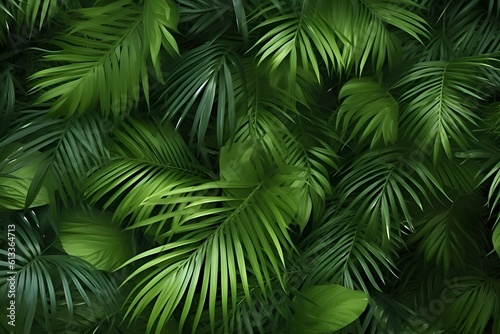 Tropical jungle nature green palm leaves on dark background in a garden