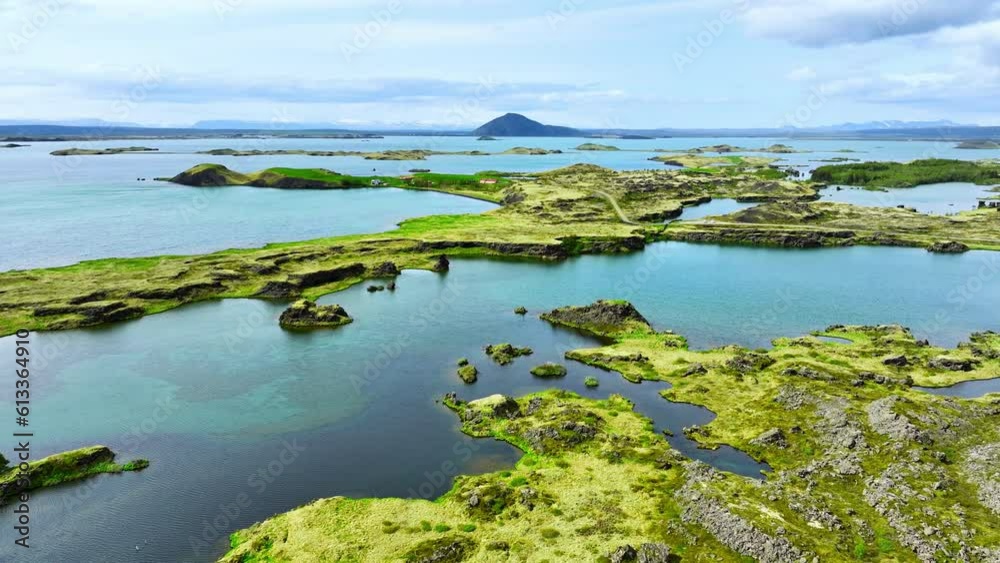 Islands In The Middle Of Huge Volcanic Lake Iceland Wildlife Lake Myvatn In Summer Sunny Day Unique Geological Wonder Popular Tourist Destination Epic Aerial View 4k Islands In The Middle Of Huge Volcanic Lake Iceland Wildlife Lake Myvatn In Summer Sunny Day Unique Geological Wonder Popular Tourist Destination Epic Aerial View 4k