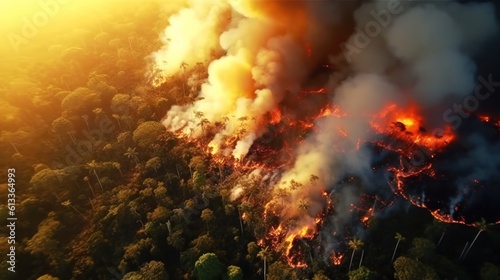 Hot fire burning forest at night  natural disaster. environment concept.Generative AI 