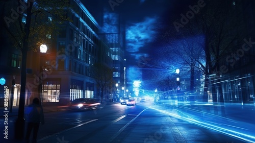 Blue light chasing in the city at night, in the style of futurist elements, transportcore Generative AI