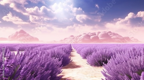 rendering of The depiction of a serene lavender field background. panorama sunlight