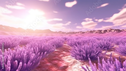 rendering of The depiction of a serene lavender field background. panorama sunlight © sirisakboakaew