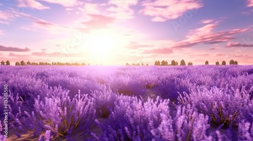 rendering of The depiction of a serene lavender field background. panorama sunlight