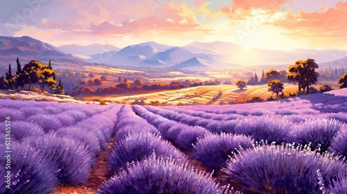 oil pastel painting of The depiction of a serene lavender field background. panorama sunlight