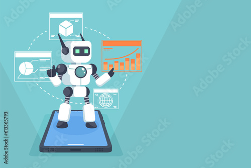 Chatbot assistant application on a smartphone computer. Artificial intelligence help service for management business data. Chat bot by ai. Vector illustration flat design for banner, and background.