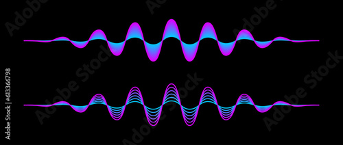 Pair of purple blue gradient sound waves. Two neon pink blue sinusoid lines. Voice or music audio design element for flyer, poster, banner. Radio signal graphic samples on dark background. Vector