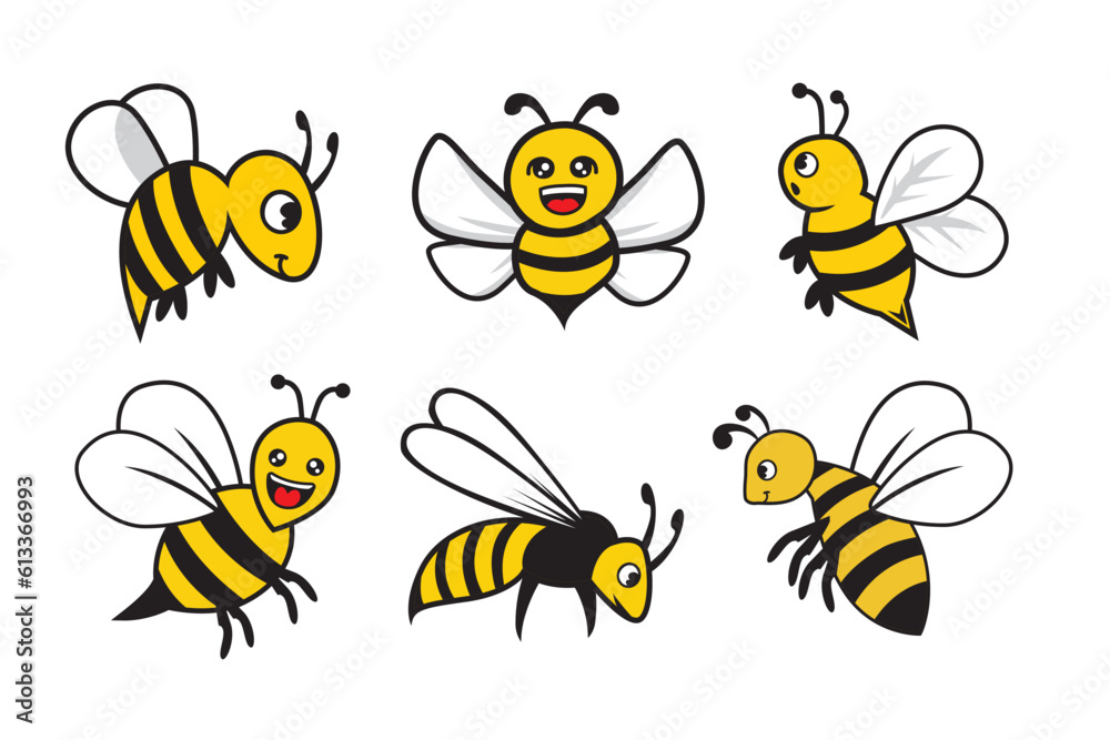 Vector set of cartoon bees. Isolated on a white background.