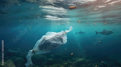 An illustration of plastic bags polluting the oceans and endangering marine life created with a wide-angle lens of Generative AI technology.