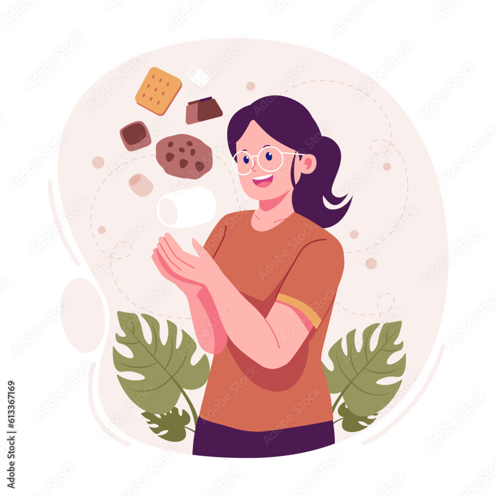 Woman eating chocolate and cookies illustration Woman eating chocolate and cookies illustration