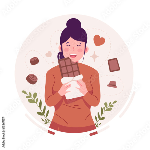 Woman eating chocolate flat illustration