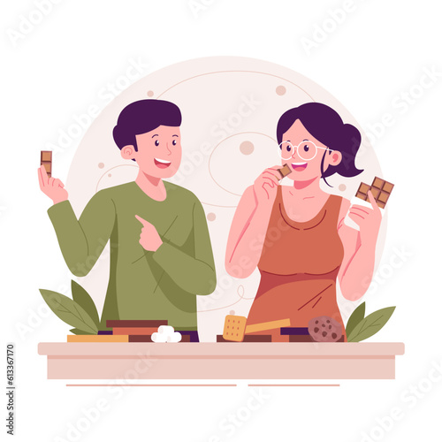 Couple eating chocolate and cookies illustration
