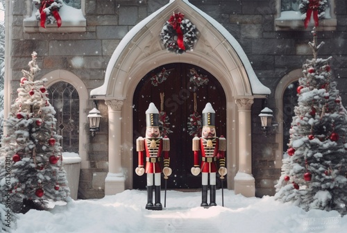 Nutcrackers in front of Festive Winter House, generative ai