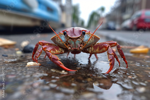 a Crab with trash realistic photography