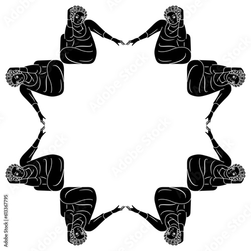 Geometrical frame with seated medieval people. Black and white negative silhouette.