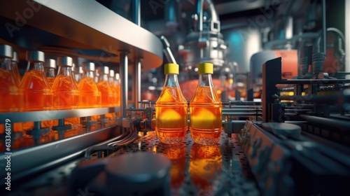the photorealism of a belt or line in a fresh orange beverage with modern automated industrial machine equipment  a Bottling plant  and colorful juice beverage plastic bottle in the factory 