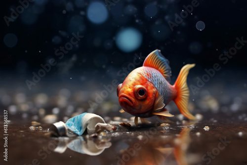 a fish with trash realistic photography