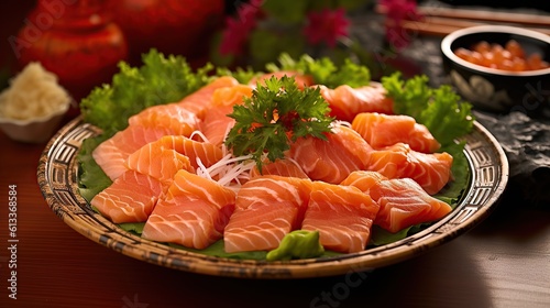 Capture a close - up of a beautifully arranged plate of salmon sashimi in a traditional Japanese restaurant. The Generative AI