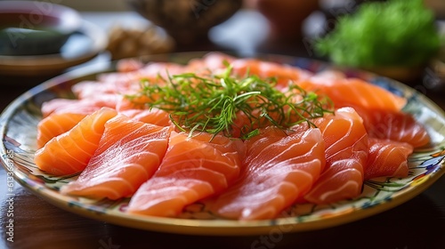 Capture a close - up of a beautifully arranged plate of salmon sashimi in a traditional Japanese restaurant. The Generative AI