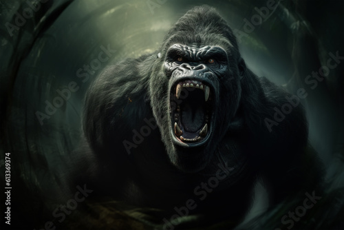 Dangerous angry screaming gorilla in the jungle, scary aggressive big monkey king kong. Wild animal Generative AI illustration
