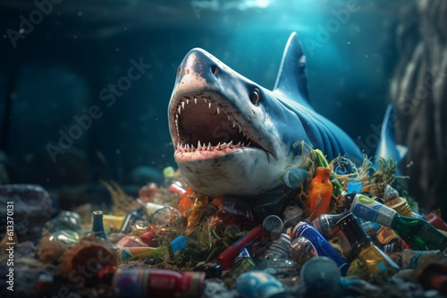 a Shark with trash realistic photography