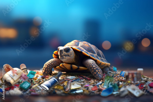 a Turtle with trash realistic photography