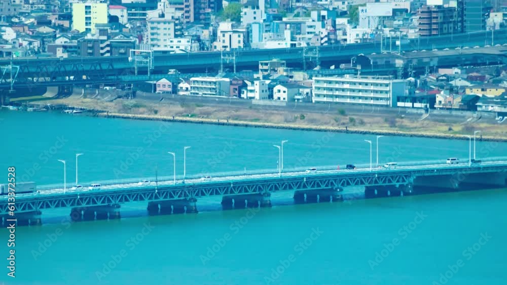 A timelapse of panorama cityscape near Yodo river in Osaka telephoto shot panning A timelapse of panorama cityscape near Yodo river in Osaka telephoto shot panning