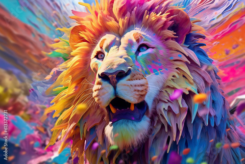 Lion portrait in rainbow colors. Generative AI.