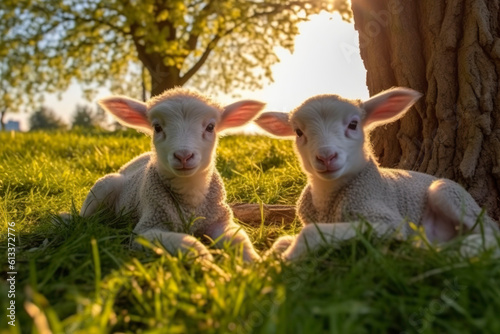 Two cute lamb. Generative AI.