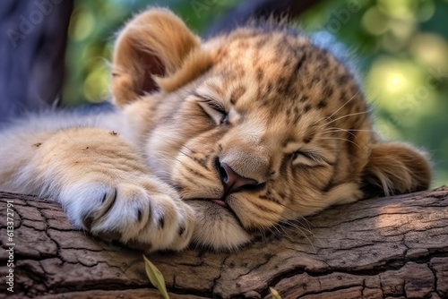 Cute little lion cub sleep. Generative AI.