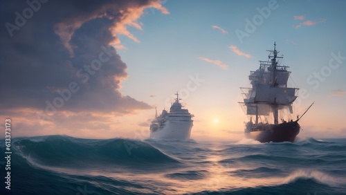 Great ship is on wave of ocean at sunset by artificial intelligence 