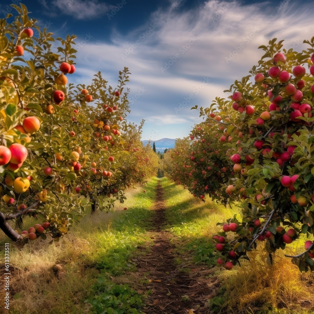 Naklejka premium Colorful Apple Orchard Breathtaking Photograph during Autumn Season