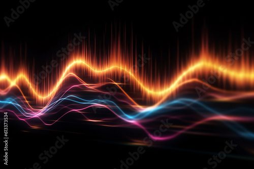 Audio waveform abstract technology background, blue and purple abstract wireframe illustration of sound waves, visualization of frequency signal audio wavelength photo