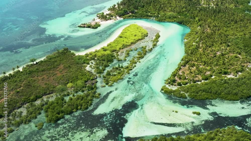 Aerial drone of blue lagoon with islands in turquoise water. Tropical landscape. Balidbid Lagoon, Bantayan island, Philippines. Aerial drone of blue lagoon with islands in turquoise water. Tropical landscape. Balidbid Lagoon, Bantayan island, Philippines.