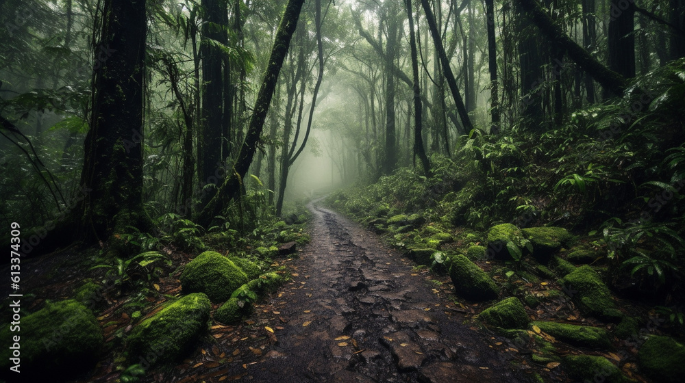 Naklejka premium Generative AI, Enchanted Pathways: Unveiling the Mystery and Adventure of Forest Trails