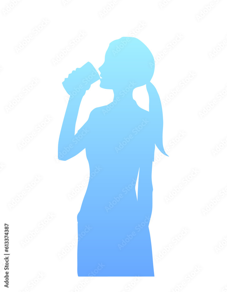 水を飲む女性のシルエットイラスト