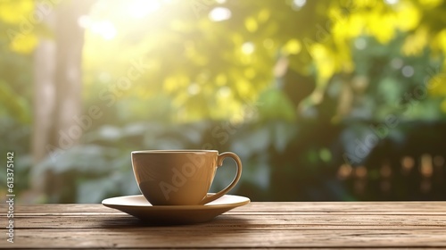 Cup of coffee on wooden table with blurred tree background, in the style of smokey background Generative AI