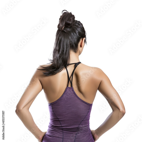 a woman on her back with purple clothing