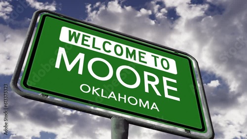 Welcome to Moore, Oklahoma. USA City Road Sign Close Up, Realistic 3d Animation