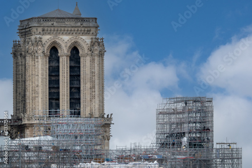 6 May 2023. Paris, France. Gothic tower and facade of Notre Dame emerges from scaffolding as restoration on the cathedral continues.