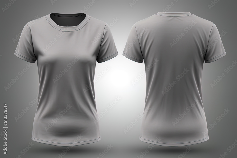 Grey female t-shirt realistic mockup set from front and back view, blank textile print design template for fashion apparel. Created with Generative AI Technology Grey female t-shirt realistic mockup set from front and back view, blank textile print design template for fashion apparel. Created with Generative AI Technology