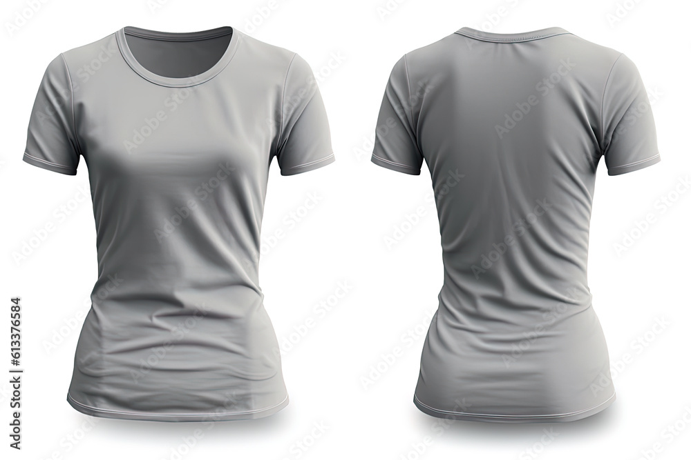 Grey female t-shirt realistic mockup set from front and back view, blank textile print design template for fashion apparel. Created with Generative AI Technology Grey female t-shirt realistic mockup set from front and back view, blank textile print design template for fashion apparel. Created with Generative AI Technology
