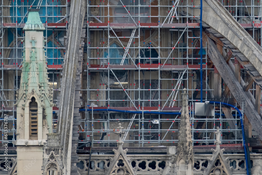 6 May 2023. Paris, France. Work continues on Notre Dame cathedral after it burned in preparation for the 2024 Olympics games 6 May 2023. Paris, France. Work continues on Notre Dame cathedral after it burned in preparation for the 2024 Olympics games