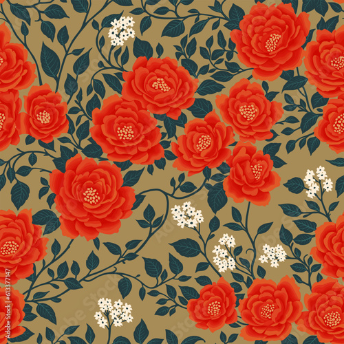 Floral Seamless Pattern of Red Flowers and Dark Green Leaves on Flaxen Backdrop in Chinoiserie Style. Hand Drawn Art, Wallpaper Design for Textile, Paper, Print, Fashion Backgrounds, Beauty Products