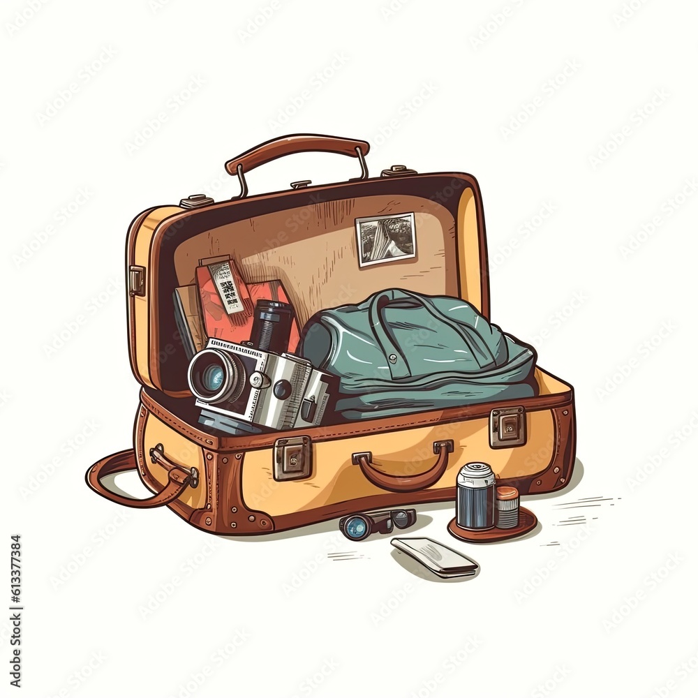 Exciting Journey. Bag Packed with Clothes, Camera, and Passports generative ai Exciting Journey. Bag Packed with Clothes, Camera, and Passports generative ai